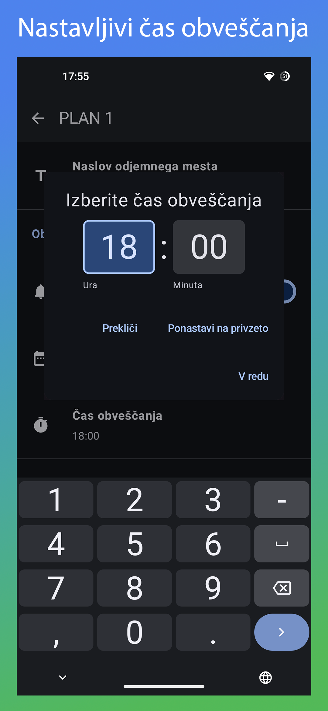 Zaslonski posnetek: ConfigurableNotificationTime